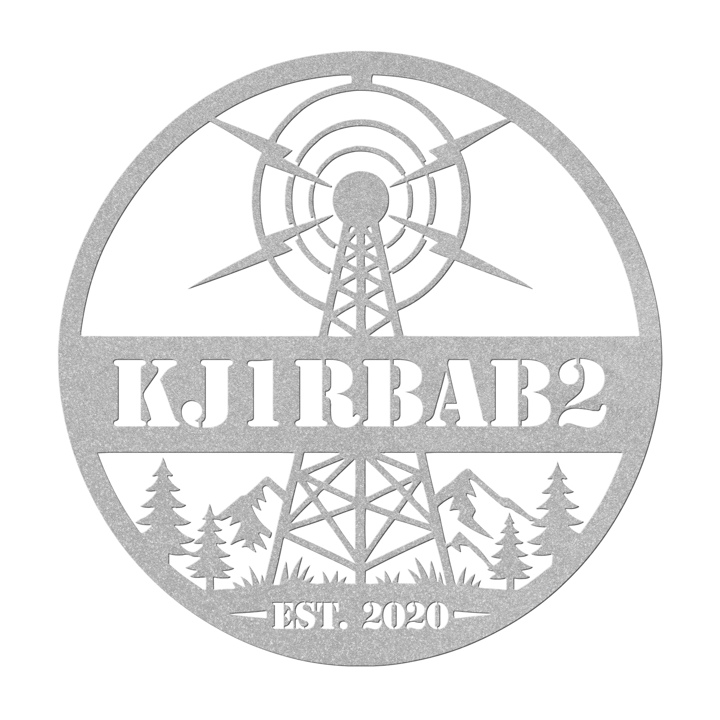 Custom ham radio metal sign in silver — personalized callsign wall art