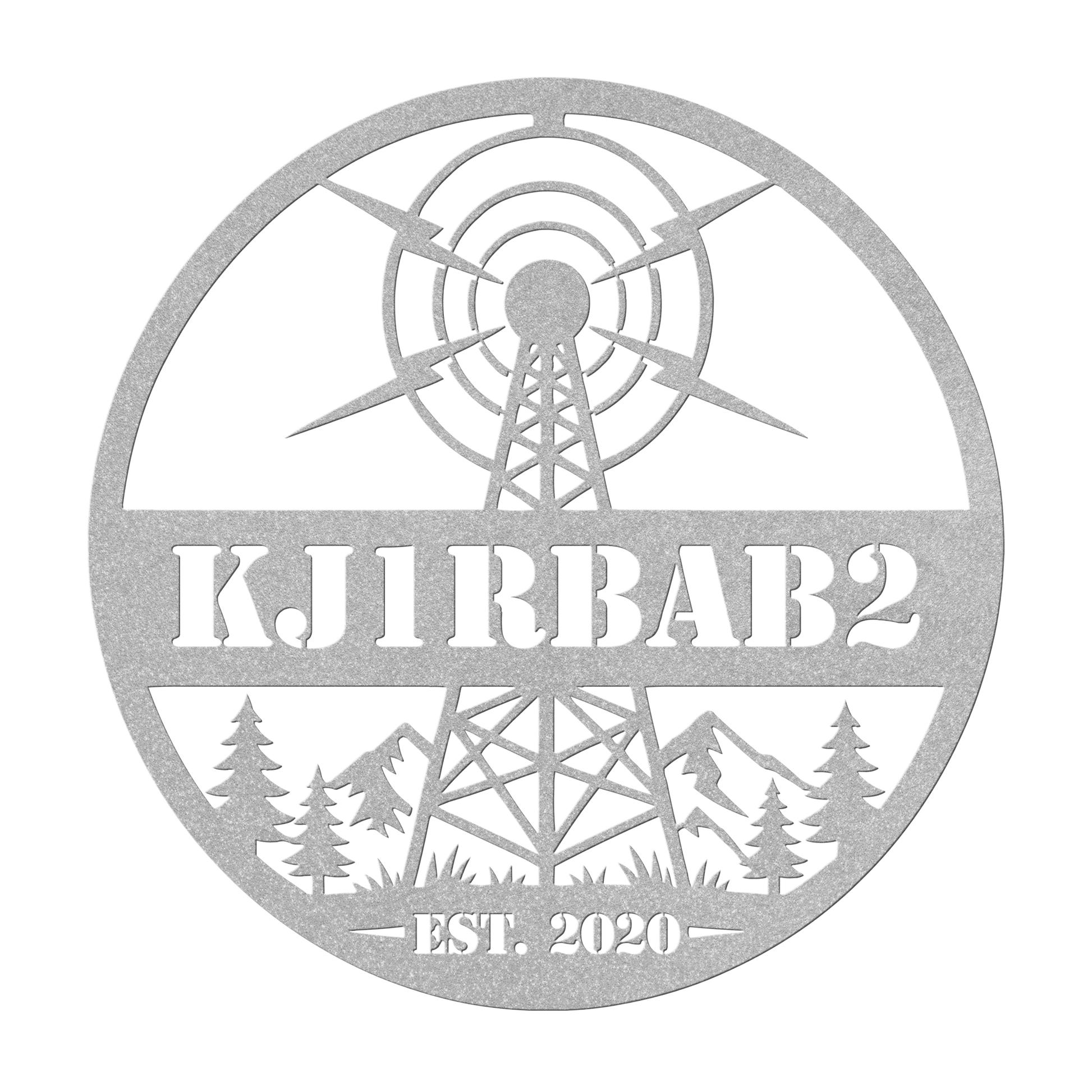Custom ham radio metal sign in silver — personalized callsign wall art
