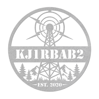 Custom ham radio metal sign in silver — personalized callsign wall art
