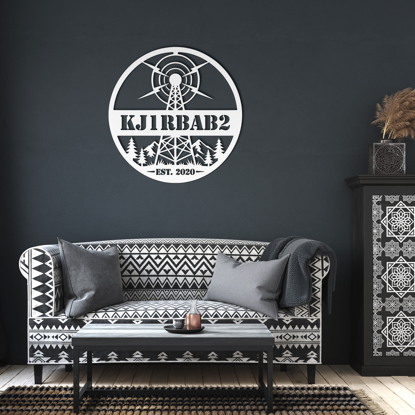 White ham radio metal sign in living room — personalized callsign wall decor