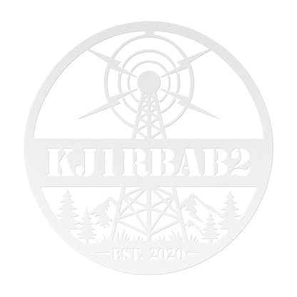 Custom ham radio metal sign in white — personalized callsign wall art