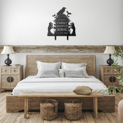 Black custom haunted house halloween metal sign in farmhouse room — personalized Halloween family wall art
