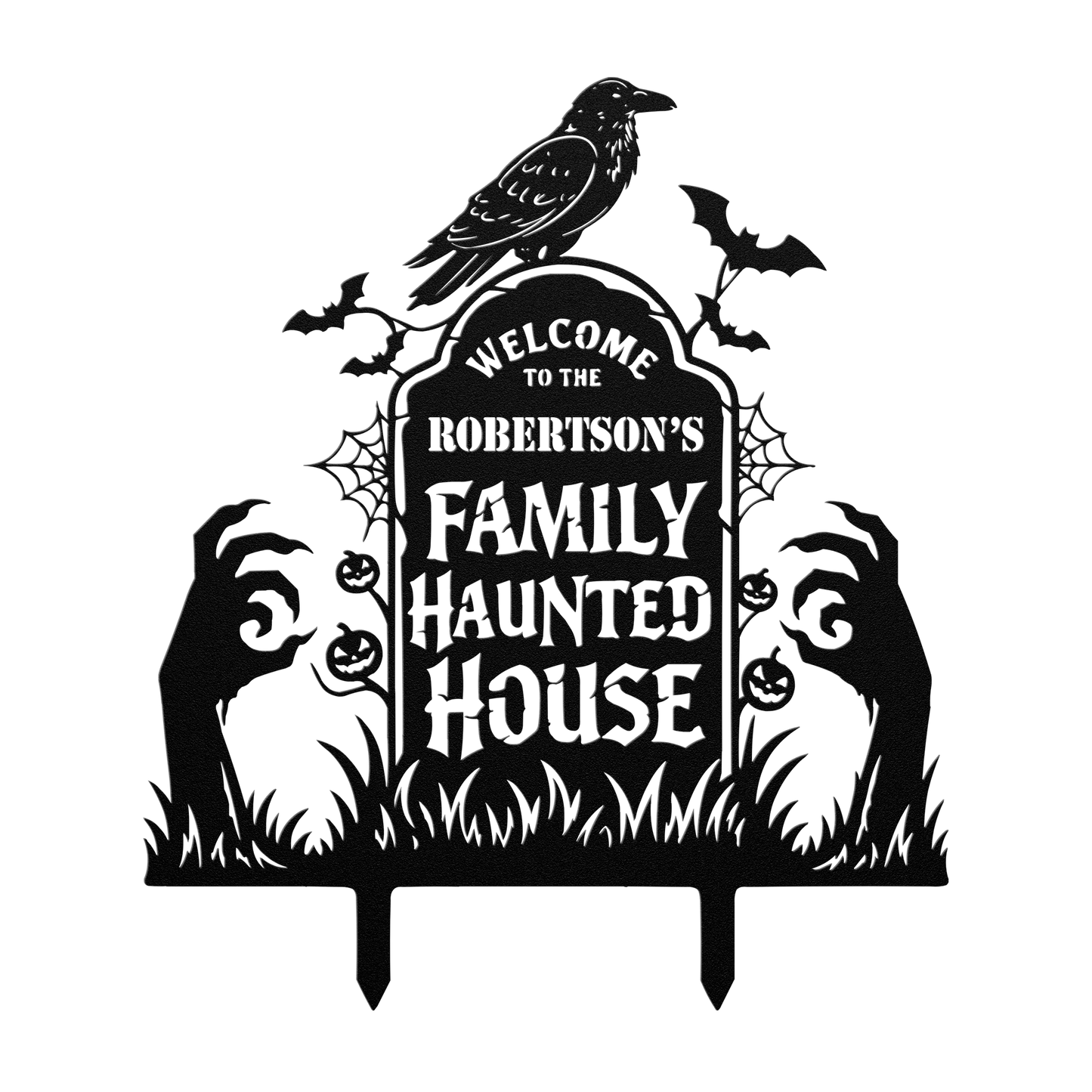 Custom haunted house Halloween metal sign in black — personalized Halloween family yard art