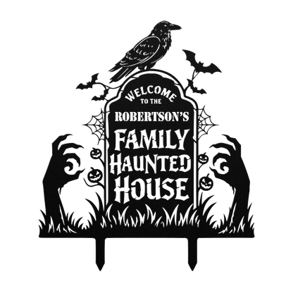 Custom haunted house Halloween metal sign in black — personalized Halloween family yard art