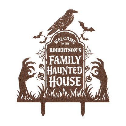 Custom haunted house Halloween metal sign in copper — personalized Halloween family yard art