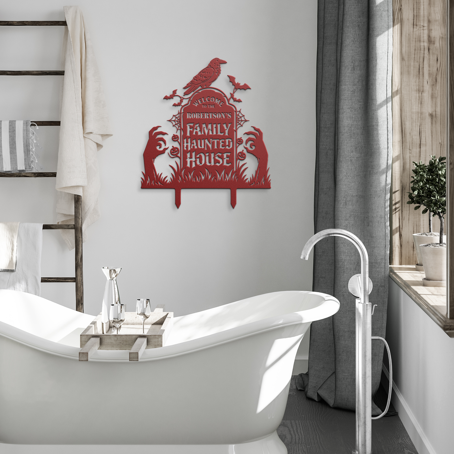 Red custom haunted house halloween metal sign in modern room — personalized Halloween family wall art