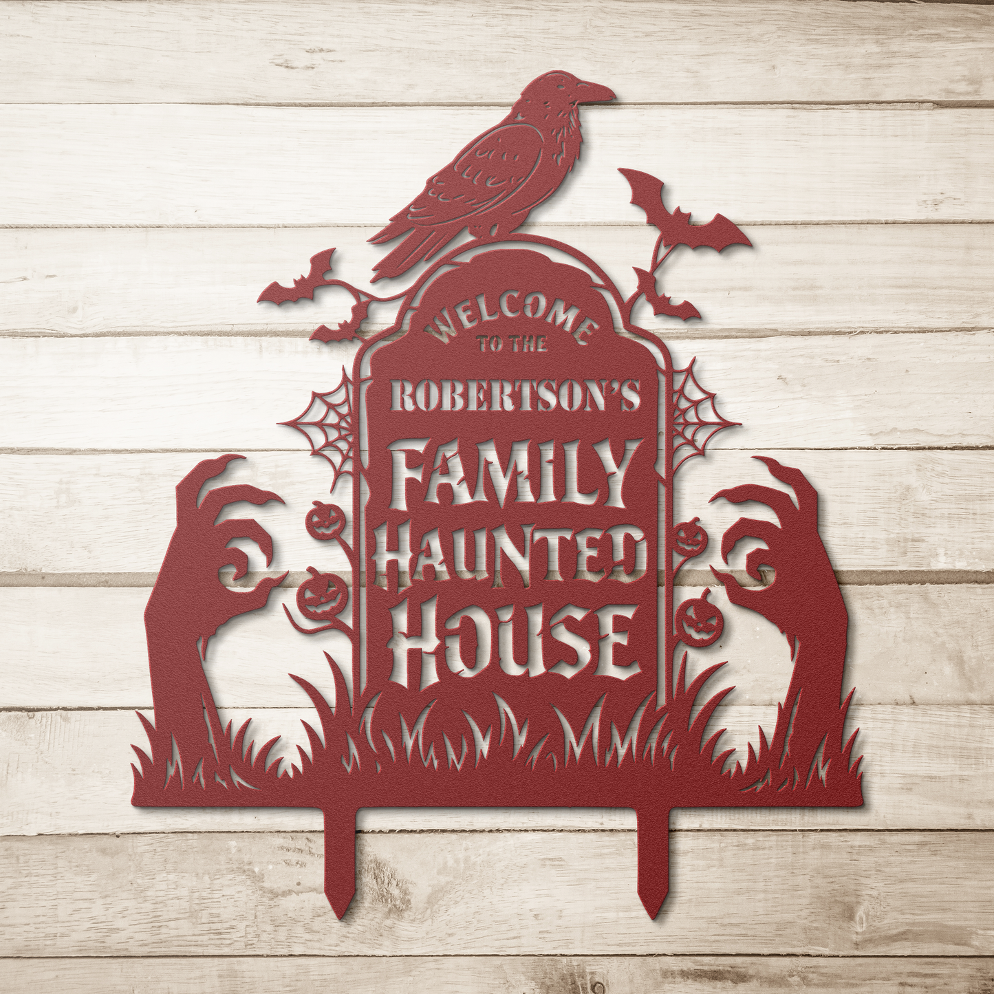 Red custom haunted house halloween metal sign on wood background — personalized Halloween family wall art