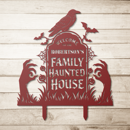 Red custom haunted house halloween metal sign on wood background — personalized Halloween family wall art