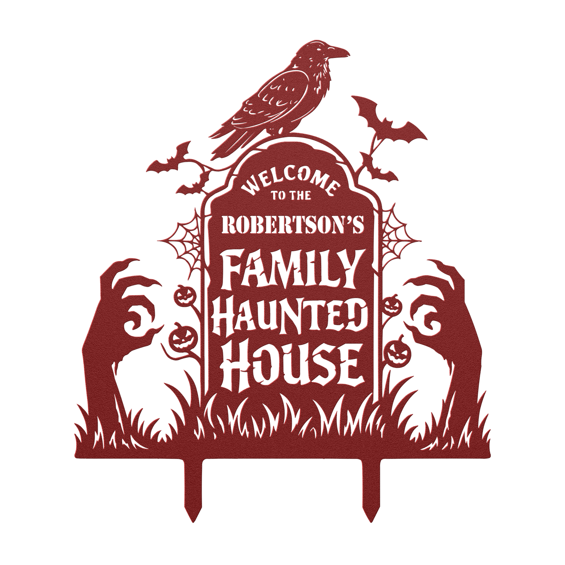 Custom haunted house Halloween metal sign in red — personalized Halloween family yard art