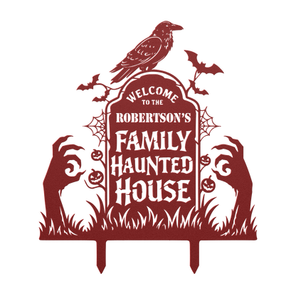 Custom haunted house Halloween metal sign in red — personalized Halloween family yard art