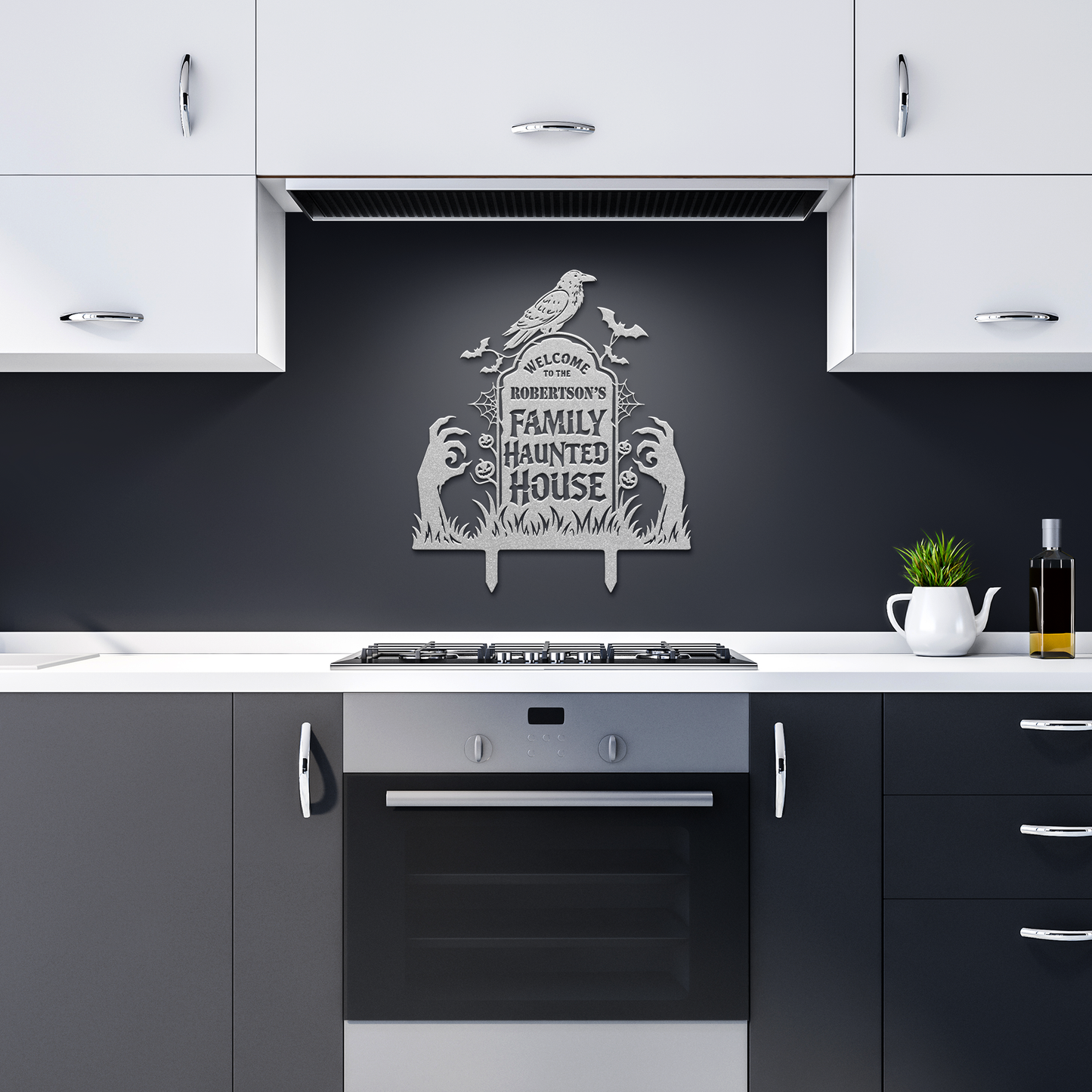 Silver custom haunted house halloween metal sign in dark kitchen — personalized Halloween family wall art