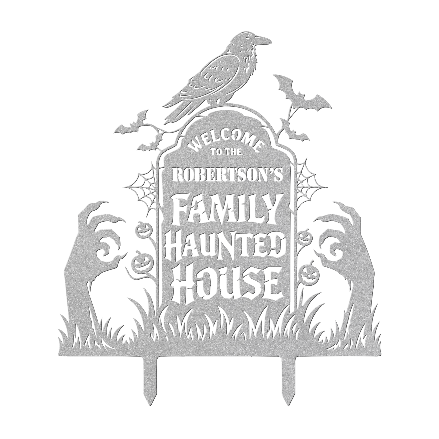 Custom haunted house Halloween metal sign in silver — personalized Halloween family yard art