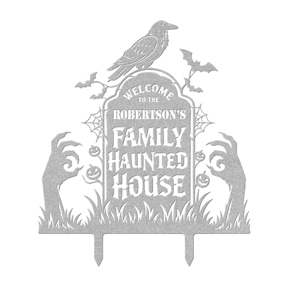 Custom haunted house Halloween metal sign in silver — personalized Halloween family yard art