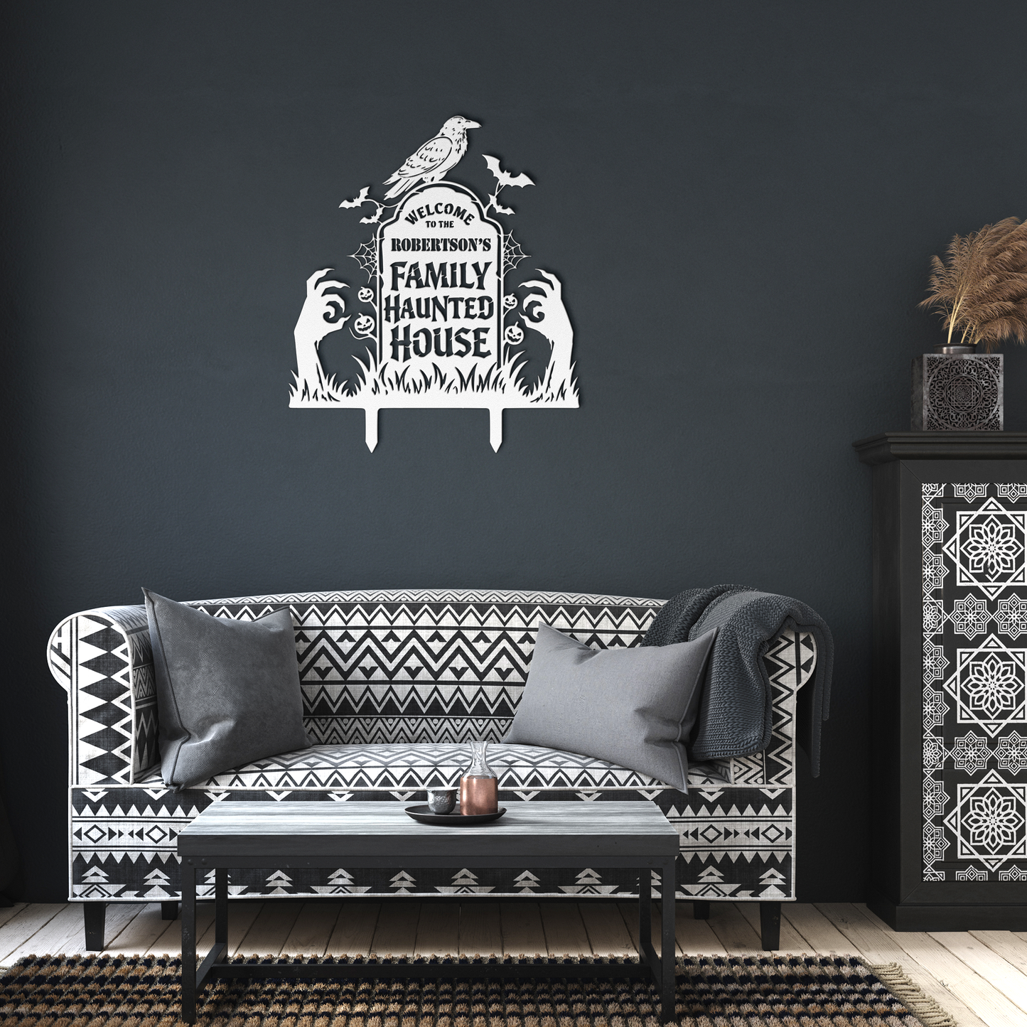 White custom haunted house halloween metal sign in living room — personalized Halloween family wall art