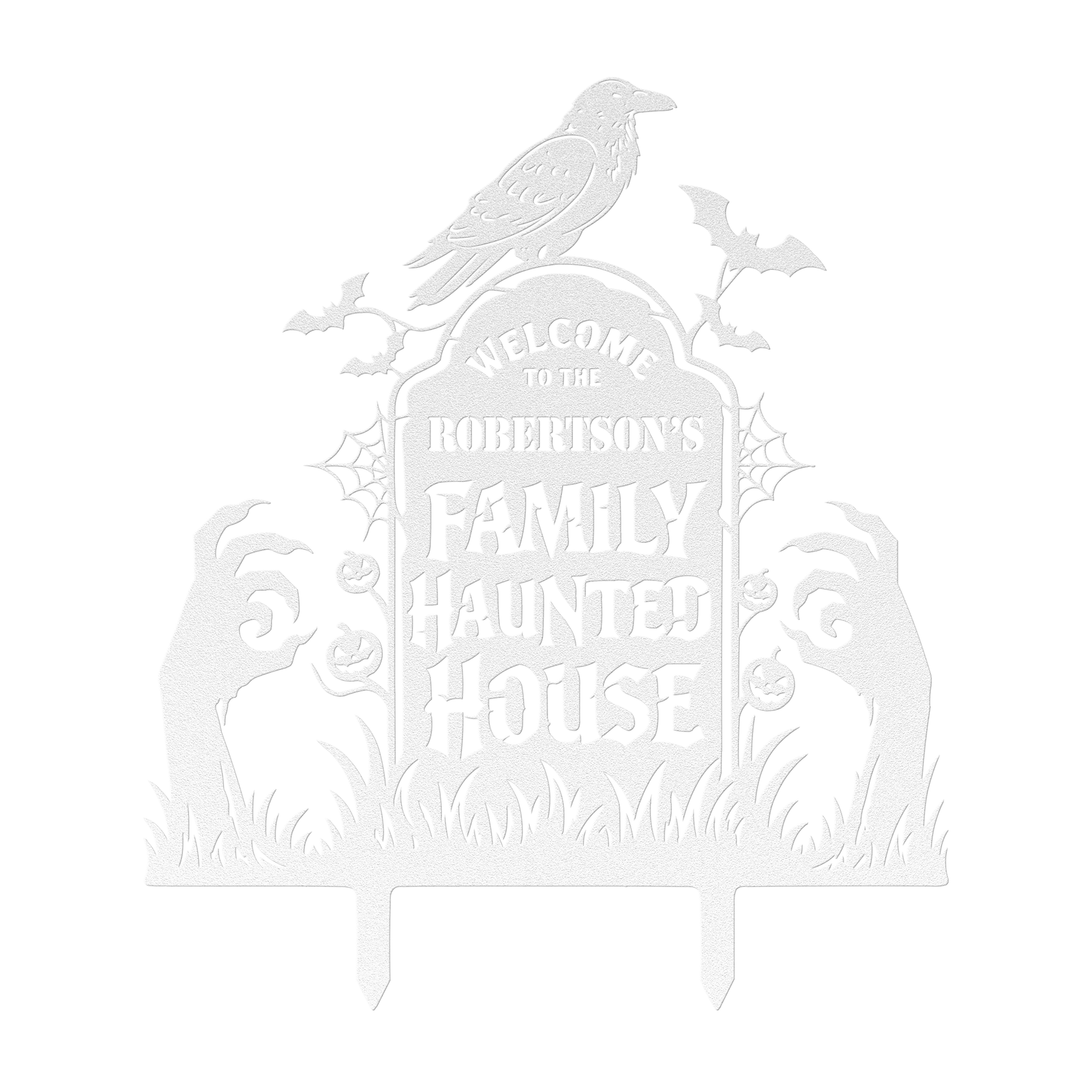 Custom haunted house Halloween metal sign in white — personalized Halloween family yard art
