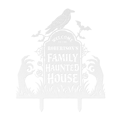 Custom haunted house Halloween metal sign in white — personalized Halloween family yard art