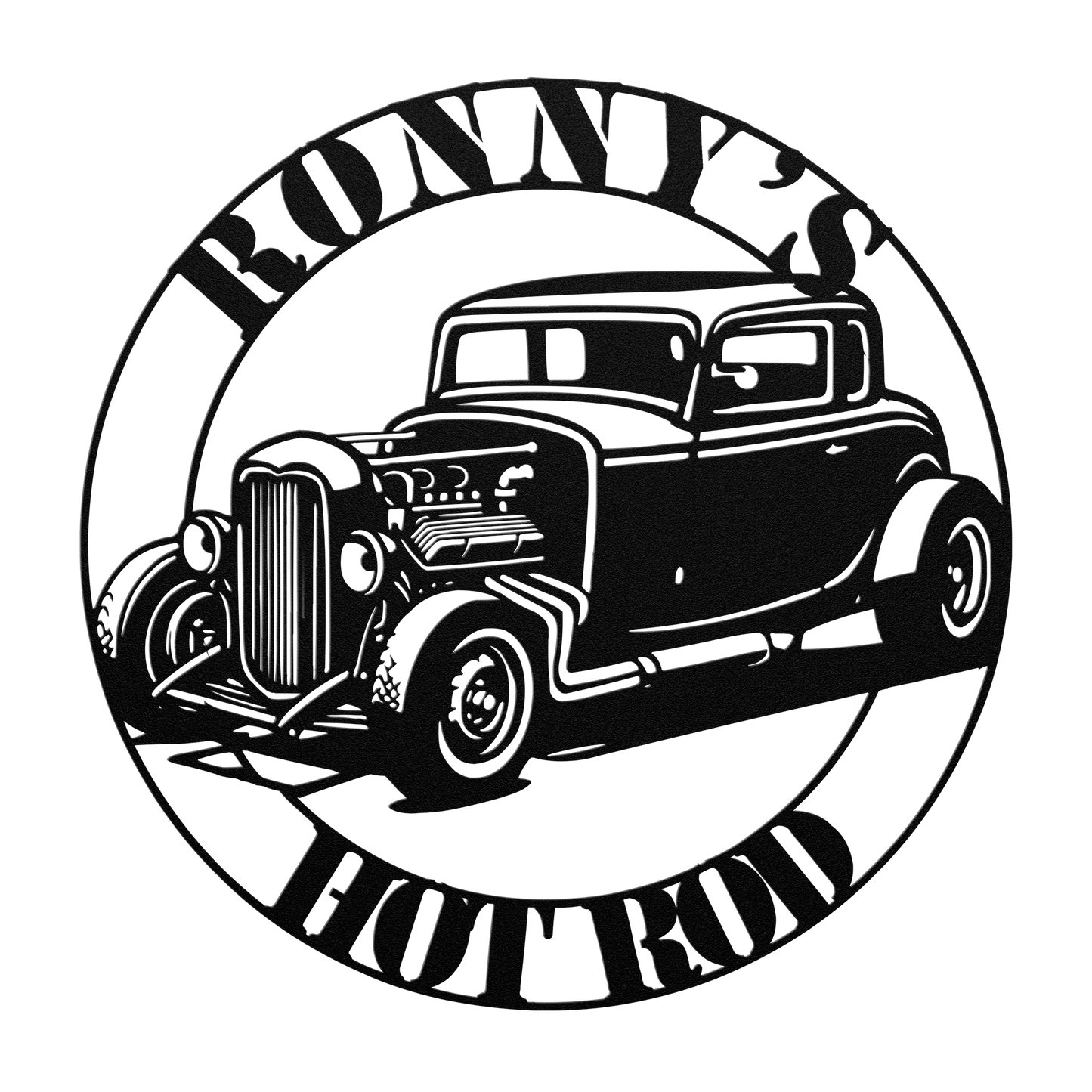 Custom hot rod shop sign in white — 1932 Ford deuce coupe circular badge metal sign