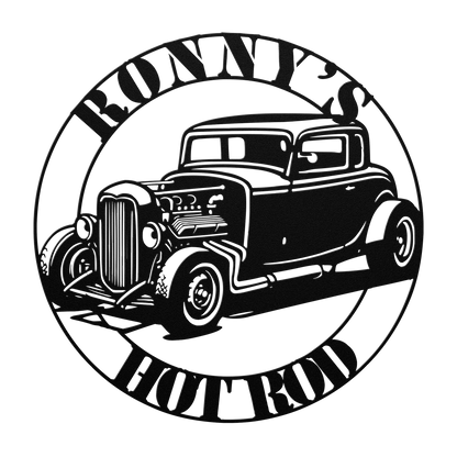 Custom hot rod shop sign in white — 1932 Ford deuce coupe circular badge metal sign