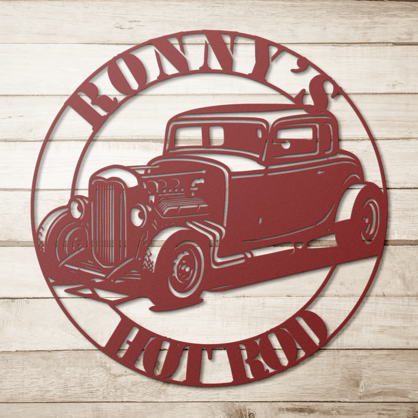 Personalized hot rod metal sign in red — custom deuce coupe garage wall art