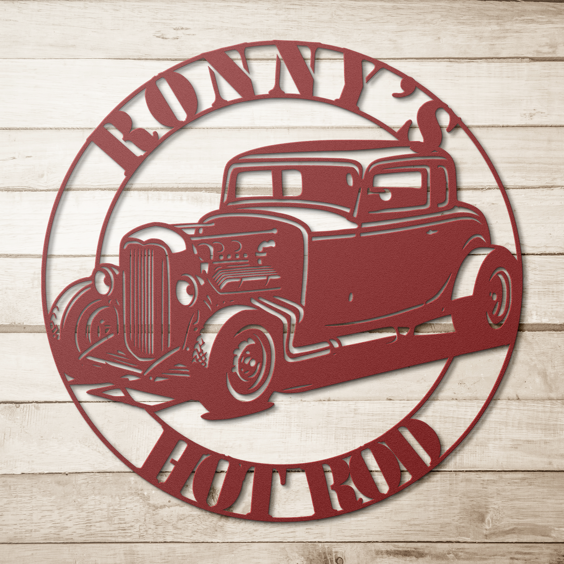Personalized hot rod metal sign in red — custom deuce coupe garage wall art