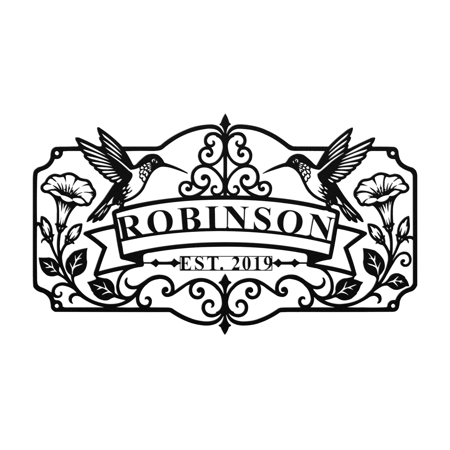 Custom hummingbird family name metal sign in black — personalized family name wall art