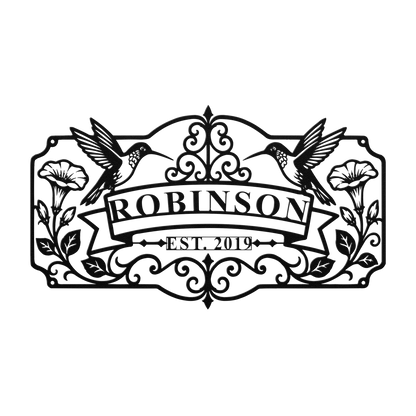 Custom hummingbird family name metal sign in black — personalized family name wall art