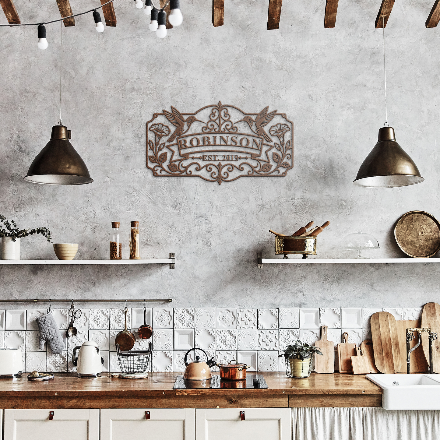 Copper hummingbird family name metal sign in rustic kitchen — personalized family name decor