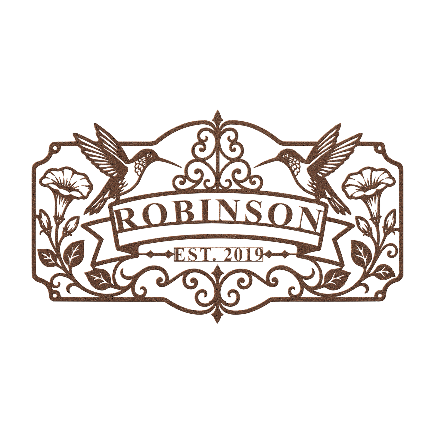 Custom hummingbird family name metal sign in copper — personalized family name wall art