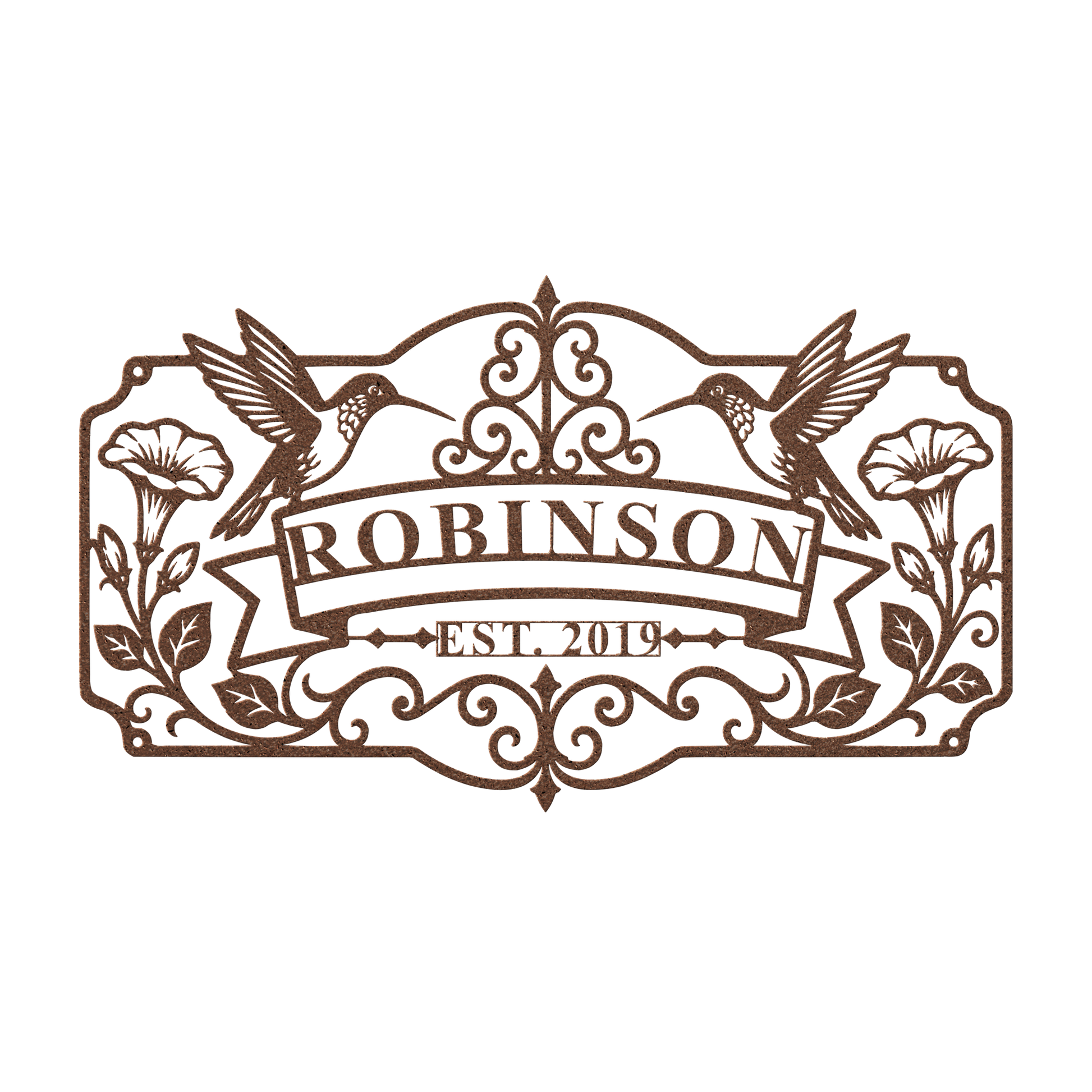 Custom hummingbird family name metal sign in copper — personalized family name wall art