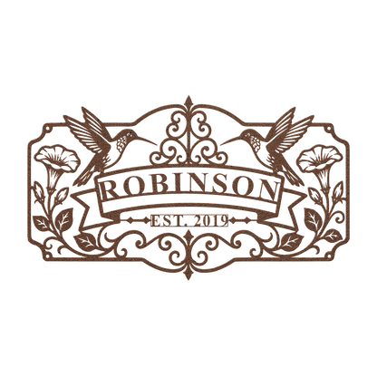 Custom hummingbird family name metal sign in copper — personalized family name wall art