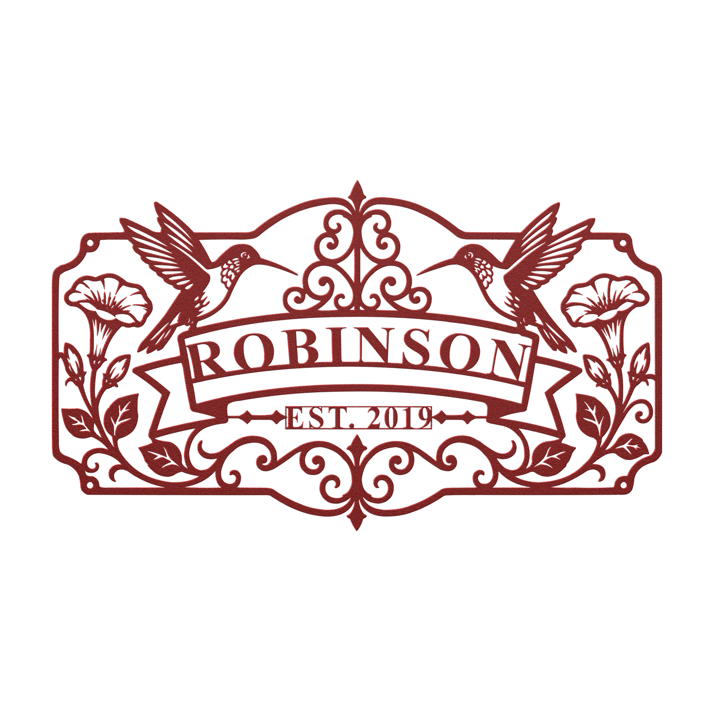 Custom hummingbird family name metal sign in red — personalized family name wall art