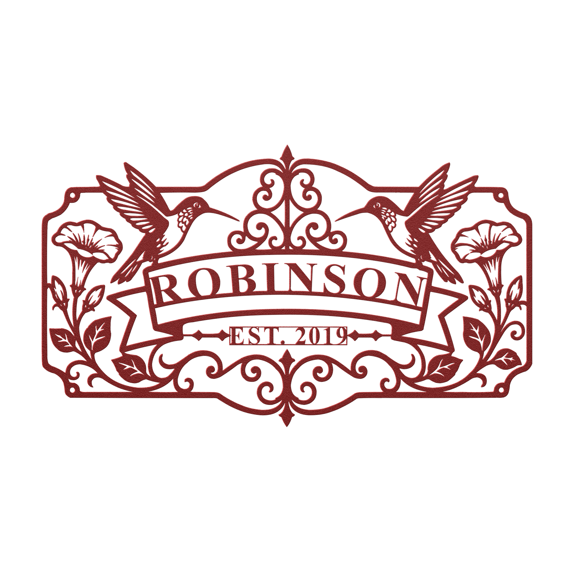 Custom hummingbird family name metal sign in red — personalized family name wall art