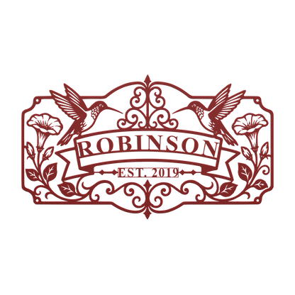Custom hummingbird family name metal sign in red — personalized family name wall art