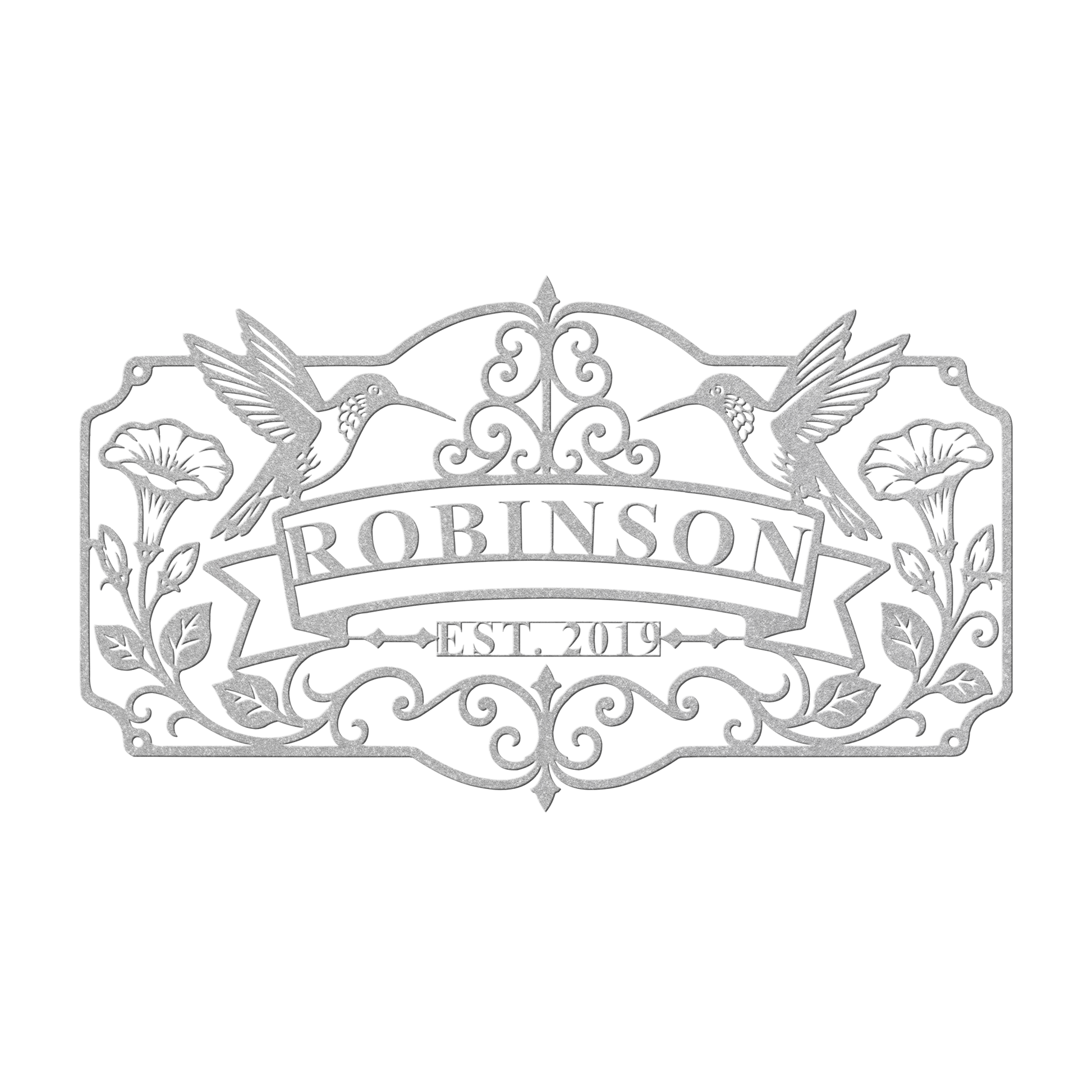 Custom hummingbird family name metal sign in silver — personalized family name wall art