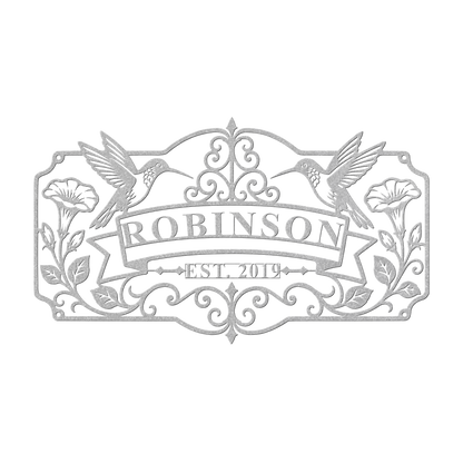 Custom hummingbird family name metal sign in silver — personalized family name wall art
