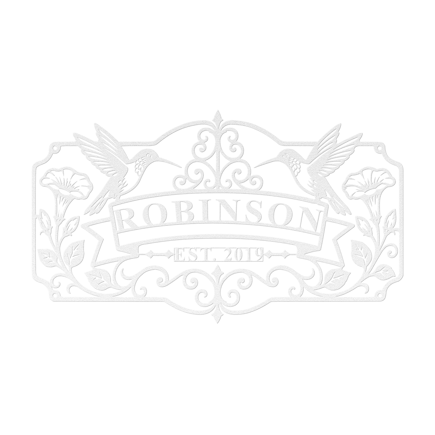 Custom hummingbird family name metal sign in white — personalized family name wall art
