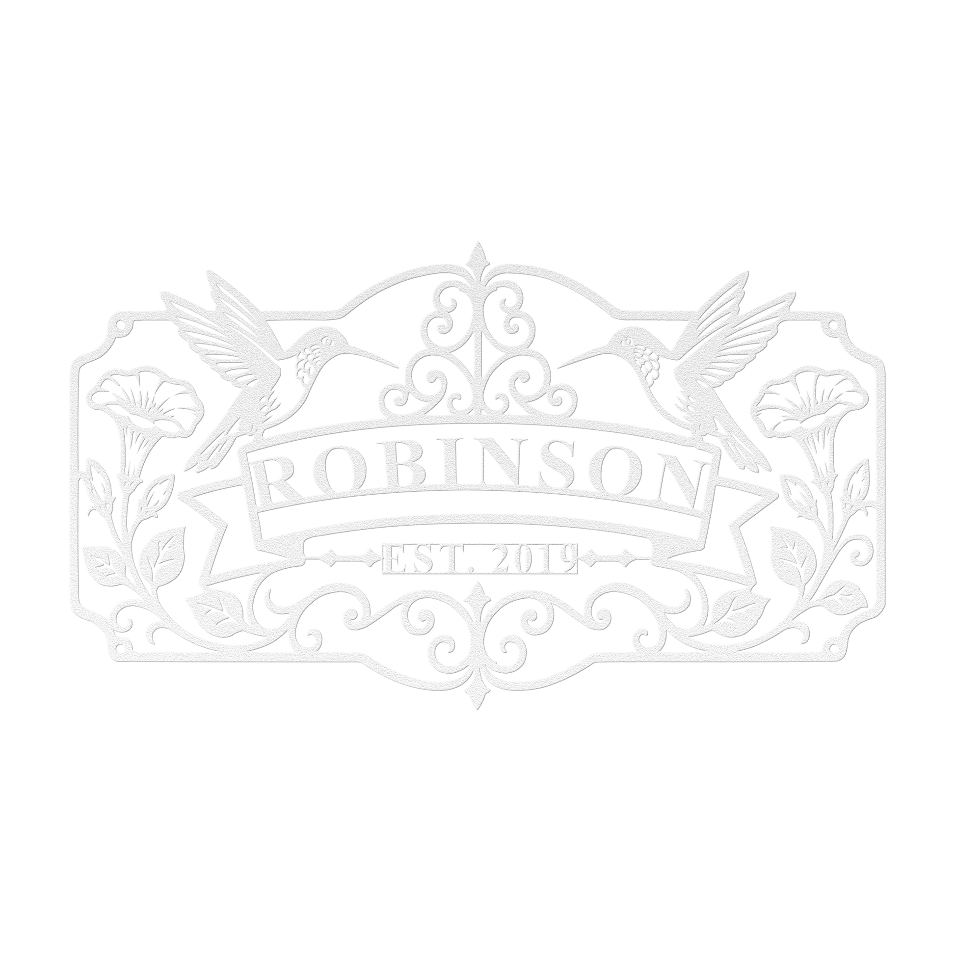 Custom hummingbird family name metal sign in white — personalized family name wall art