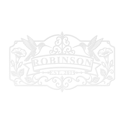 Custom hummingbird family name metal sign in white — personalized family name wall art