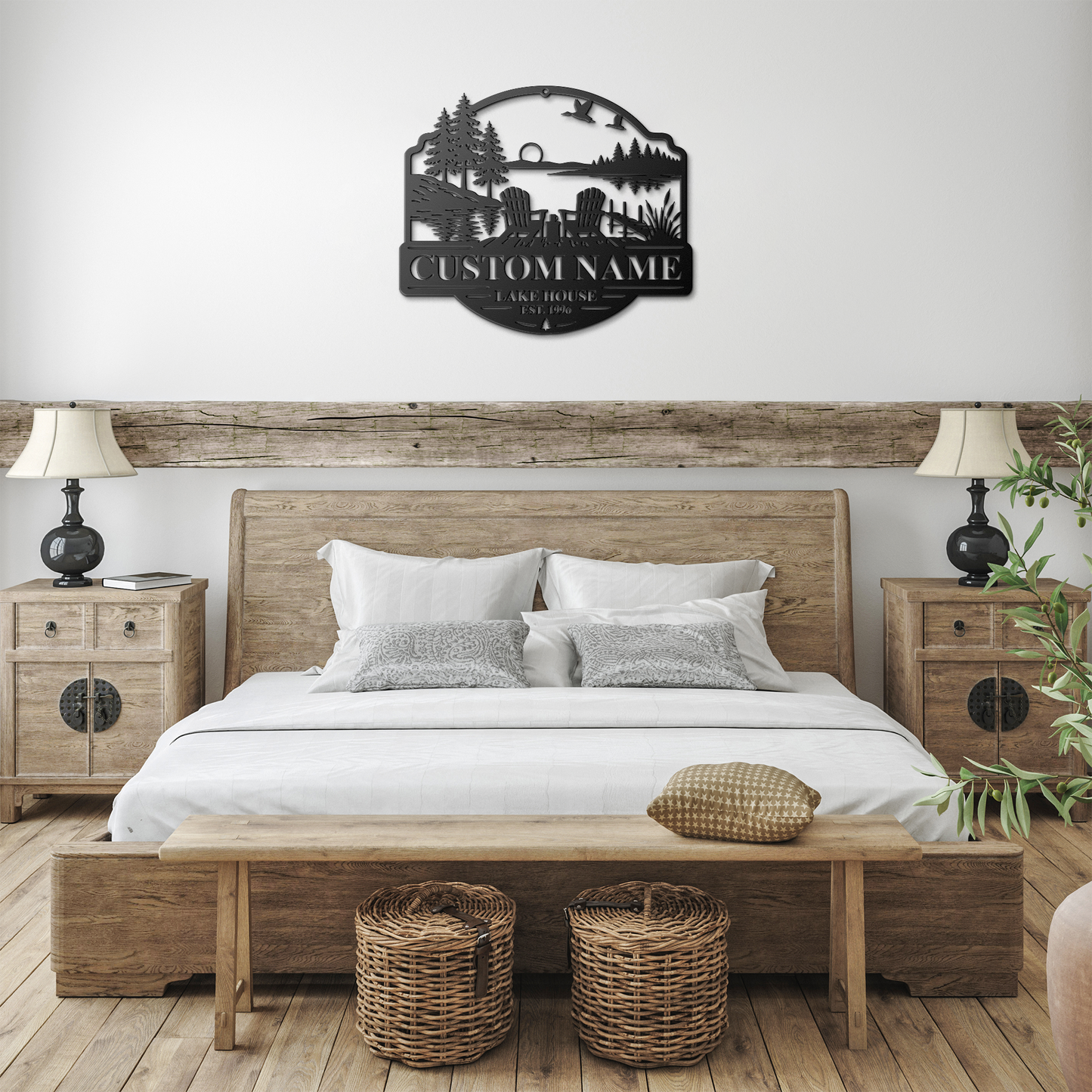 Black custom duck lake house metal sign in farmhouse cabin — personalized lakehouse wall art