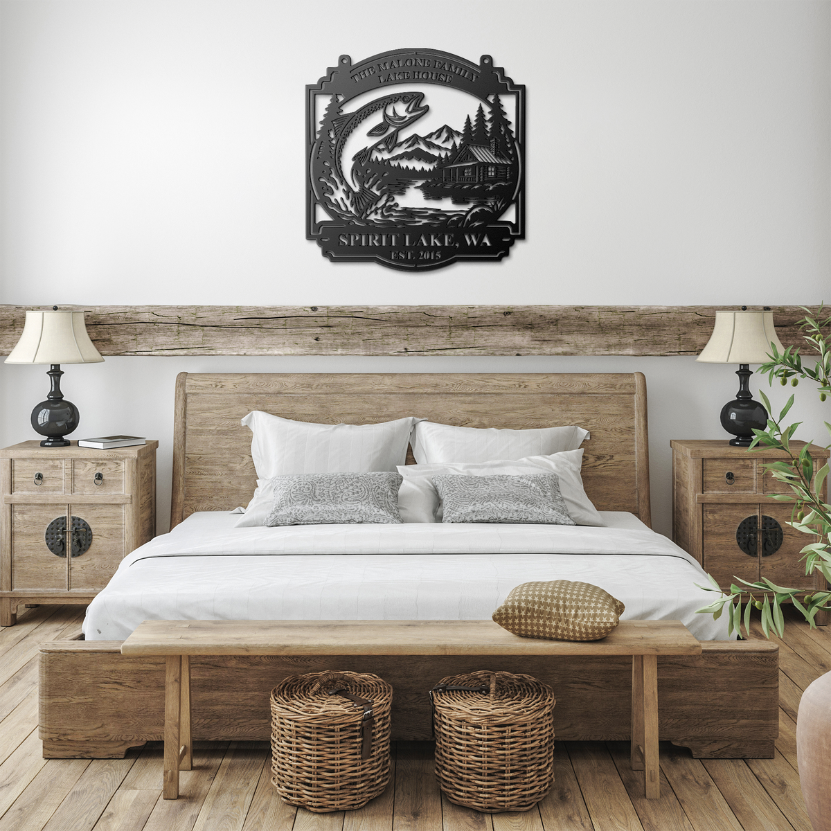 Black custom lake house trout fishing metal sign in a farmhouse room — personalized lakehouse wall decor