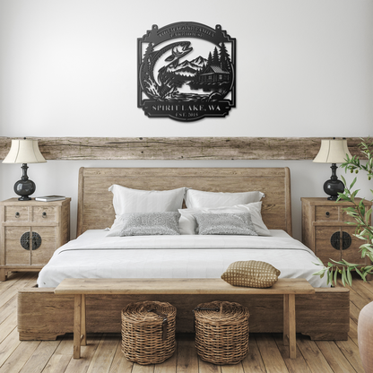 Black custom lake house trout fishing metal sign in a farmhouse room — personalized lakehouse wall decor