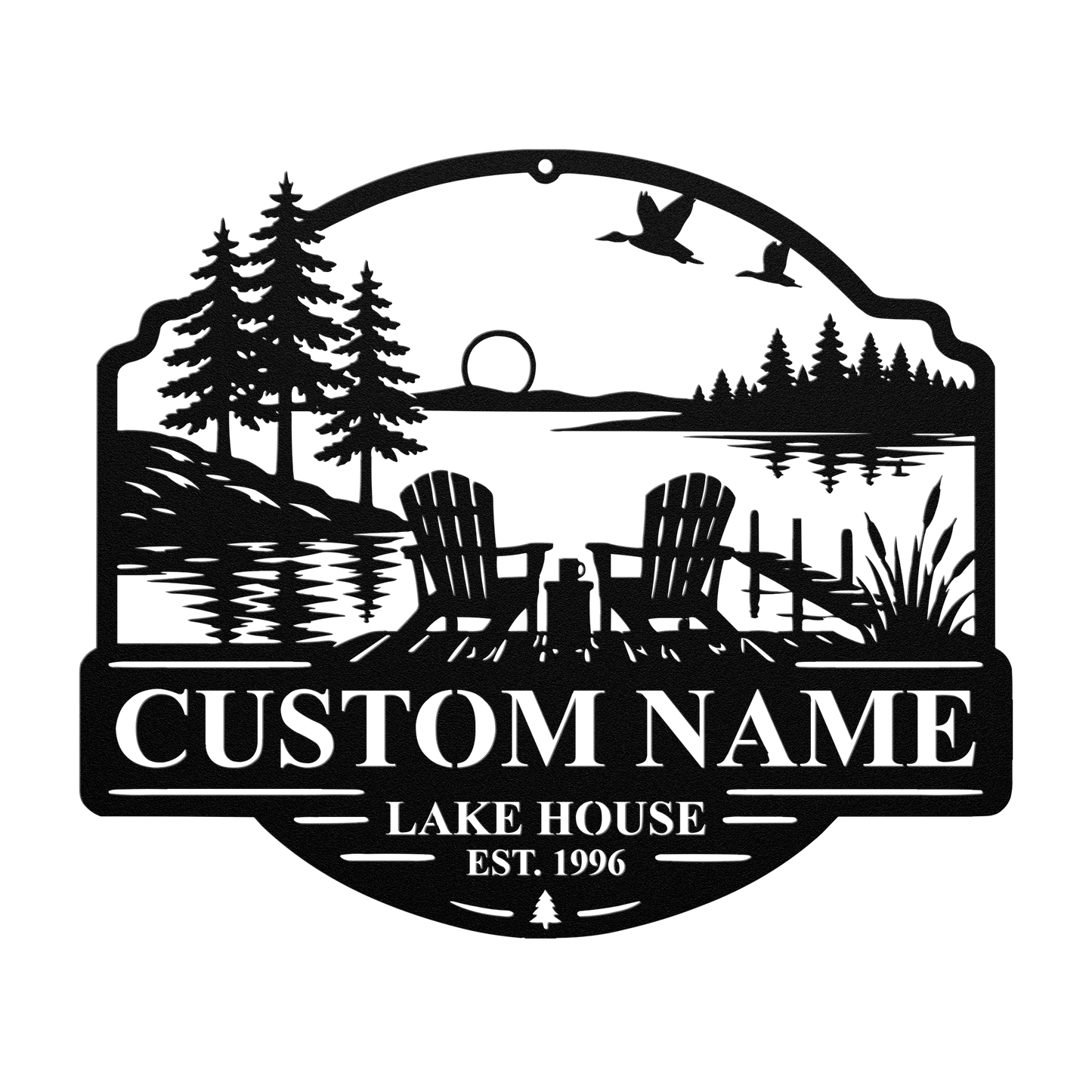 Custom duck lake house metal sign in black — personalized duck lake scene wall art