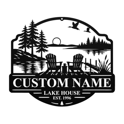 Custom duck lake house metal sign in black — personalized duck lake scene wall art