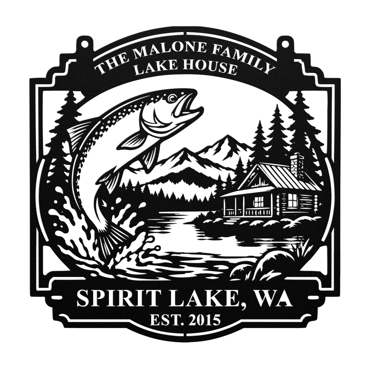 Custom lake house trout fishing metal sign in black — personalized family name wall art