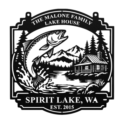 Custom lake house trout fishing metal sign in black — personalized family name wall art