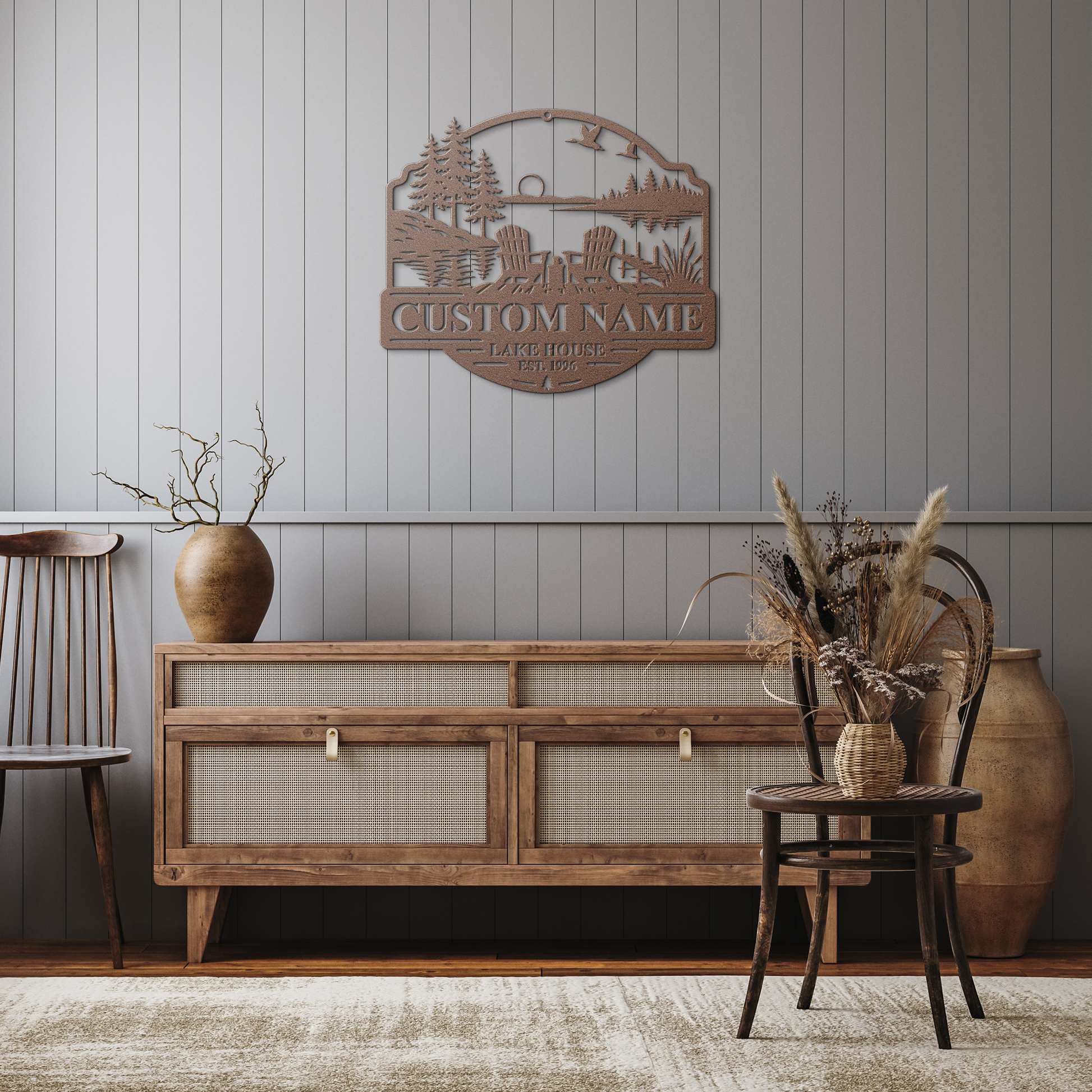 Copper custom duck lake house metal sign in rustic hallway — personalized lakehouse wall art