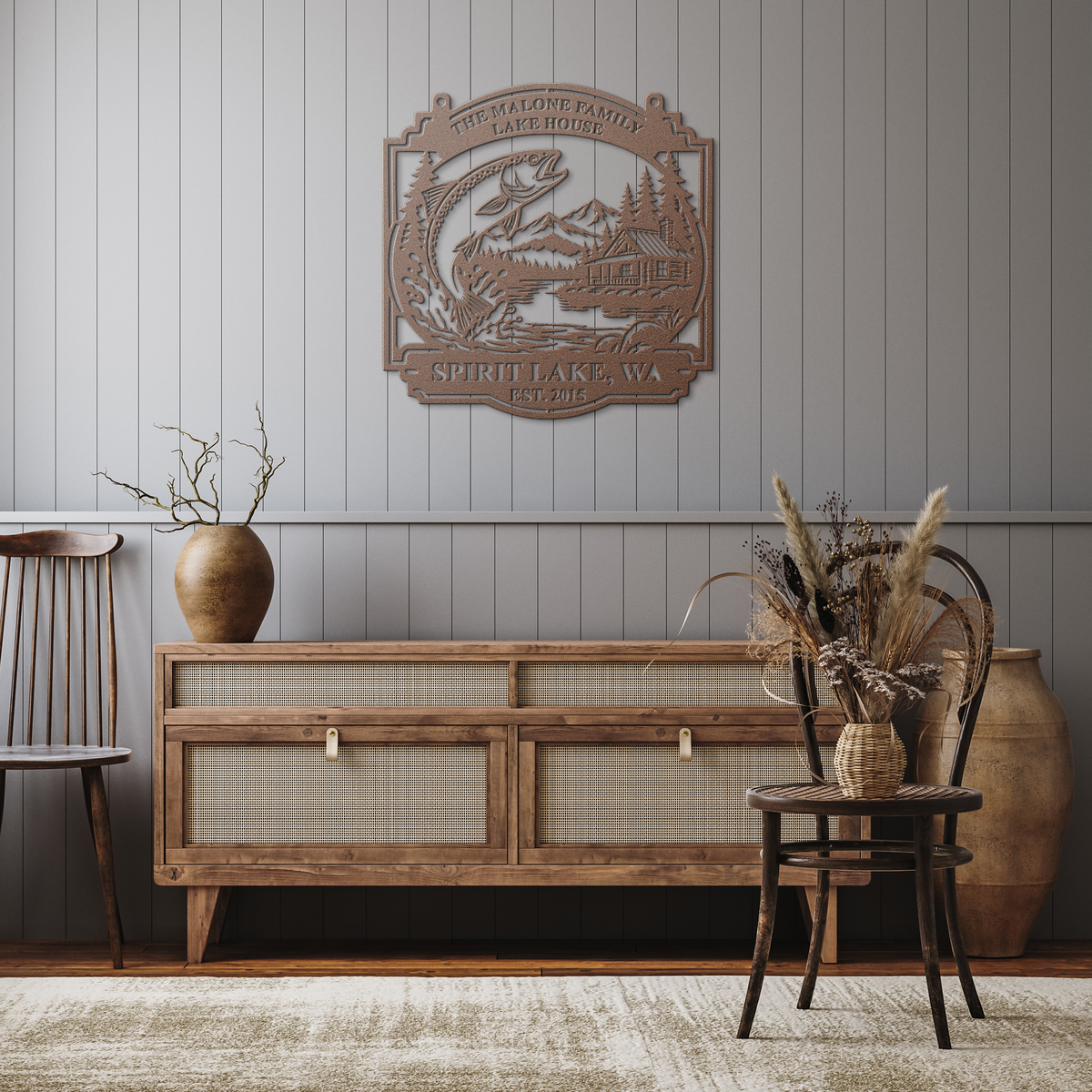 Copper custom lake house trout fishing metal sign in a rustic hallway — personalized lakehouse wall decor