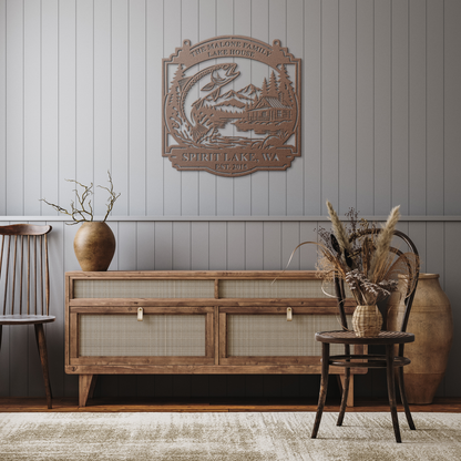 Copper custom lake house trout fishing metal sign in a rustic hallway — personalized lakehouse wall decor