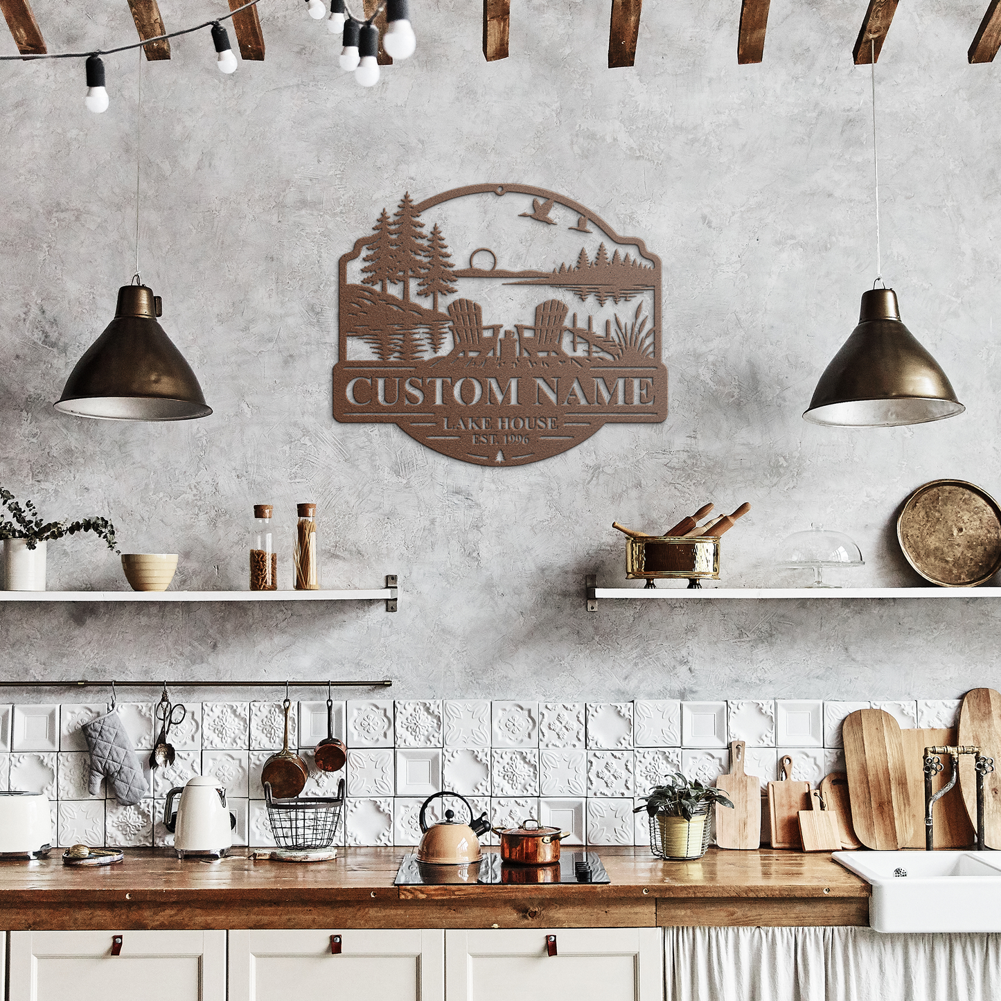Copper custom duck lake house metal sign in rustic kitchen — personalized lakehouse decor
