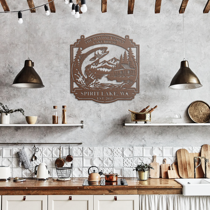 Copper custom lake house trout fishing metal sign in a rustic kitchen — personalized lakehouse wall decor